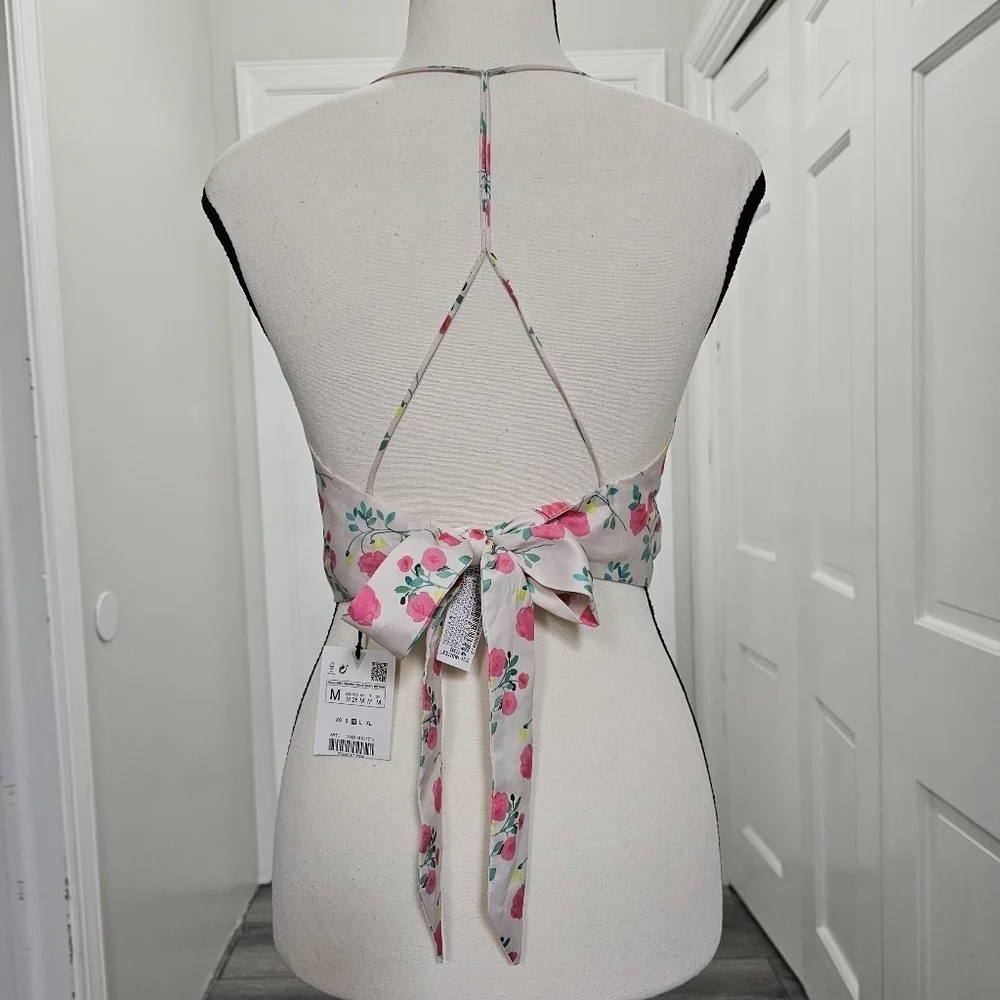 ZARA Floral Tie Back Criss Cross Handkerchief Crop Top Size M - Picture 4 of 11